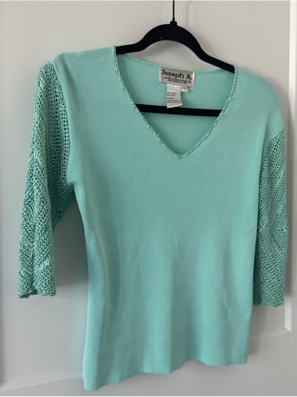 Vintage Joseph Mint V-Neck Knit Top with Crochet Sleeves